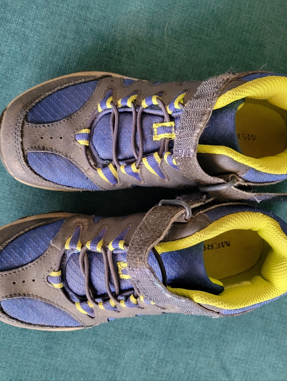 Merrell Kids Size 2 Velcro Blue and Yellow Hiking Boots/Shoes